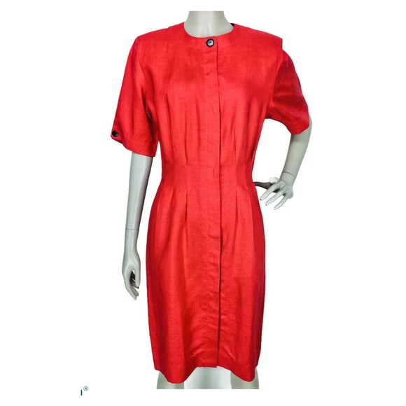 Vintage 80s Liz Claiborne Red 100% Linen Button-Down Sheath Dress Size 10P - Picture 1 of 7